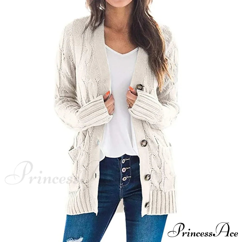 Women Knitted Cardigan Pockets Button Sweater Coat Beige / S