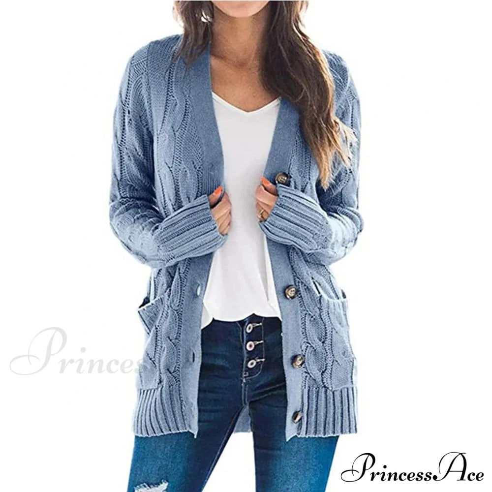 Women Knitted Cardigan Pockets Button Sweater Coat Blue / S