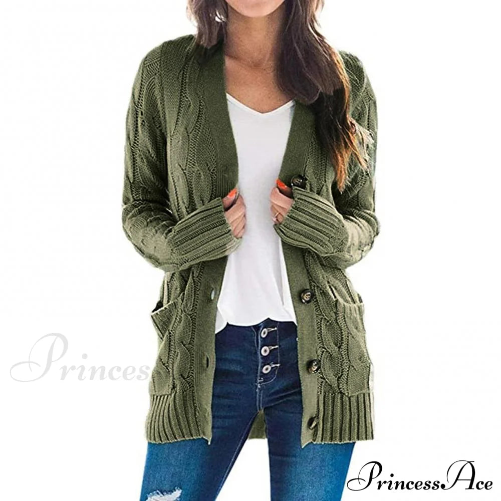 Women Knitted Cardigan Pockets Button Sweater Coat Green / S