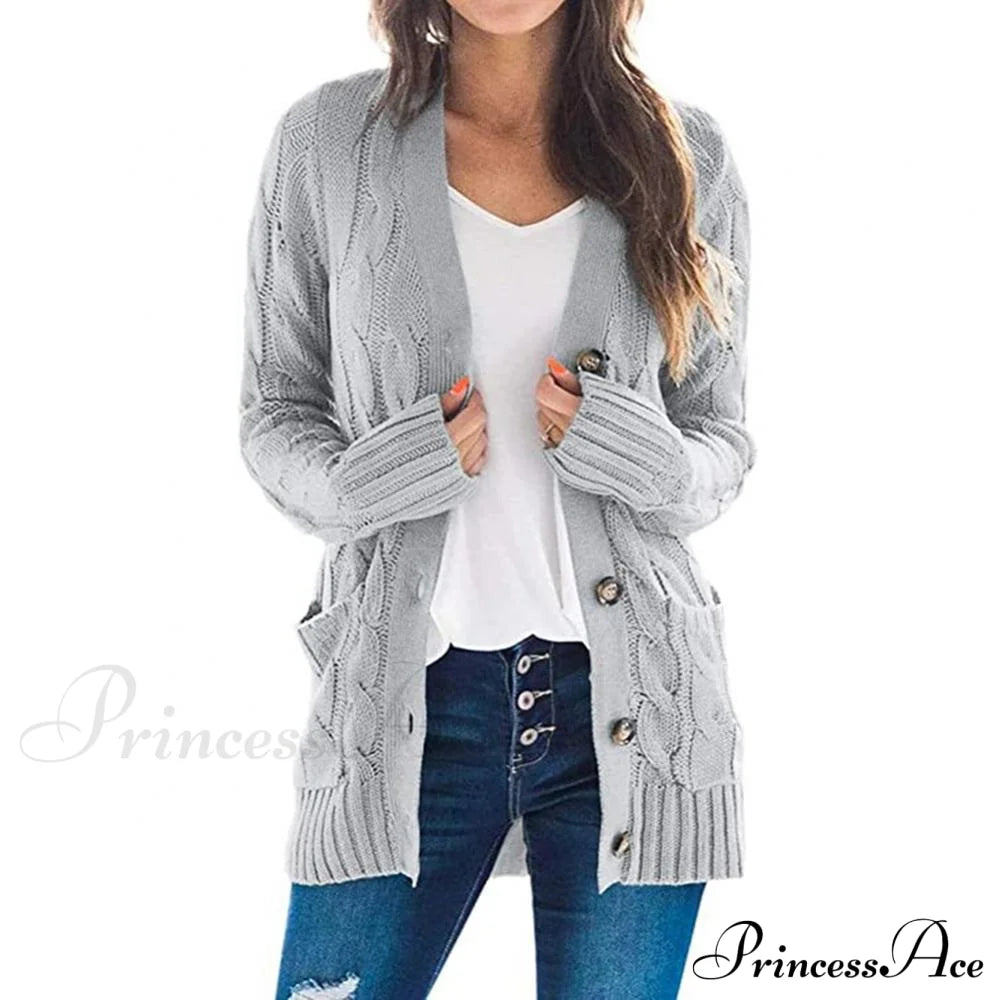 Women Knitted Cardigan Pockets Button Sweater Coat Grey / S