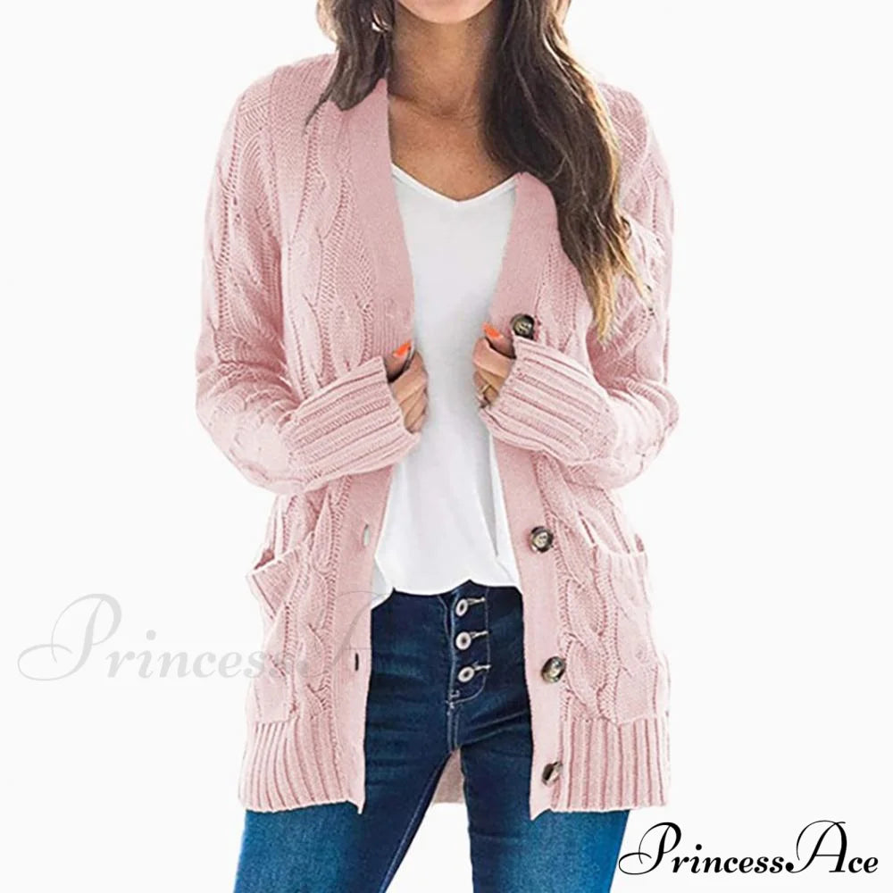 Women Knitted Cardigan Pockets Button Sweater Coat Pink / S