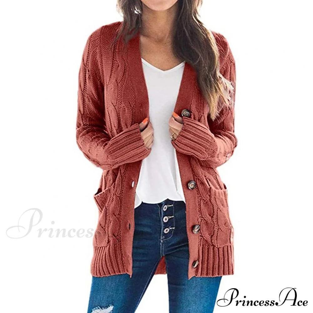 Women Knitted Cardigan Pockets Button Sweater Coat Red / S