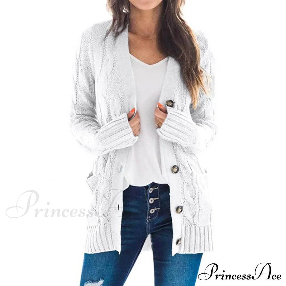 Women Knitted Cardigan Pockets Button Sweater Coat White / S