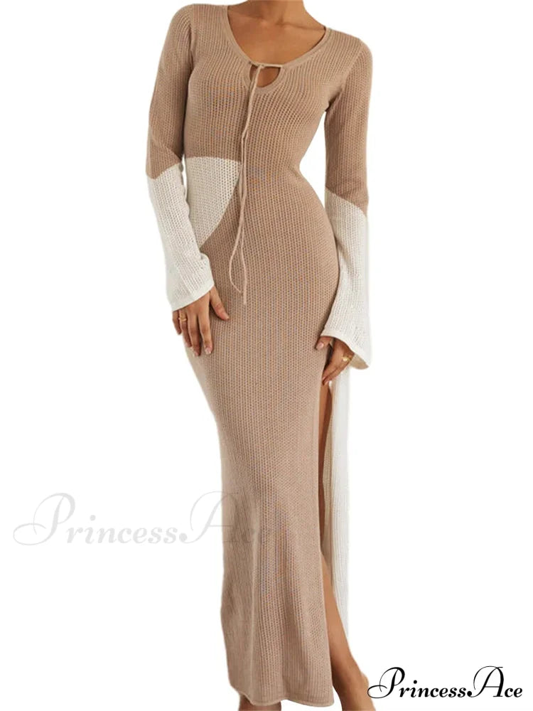 Women Knitted Contrast Color Tie-Up V-Neck Sleeve Side High Split Slim Fall Spring Vestido