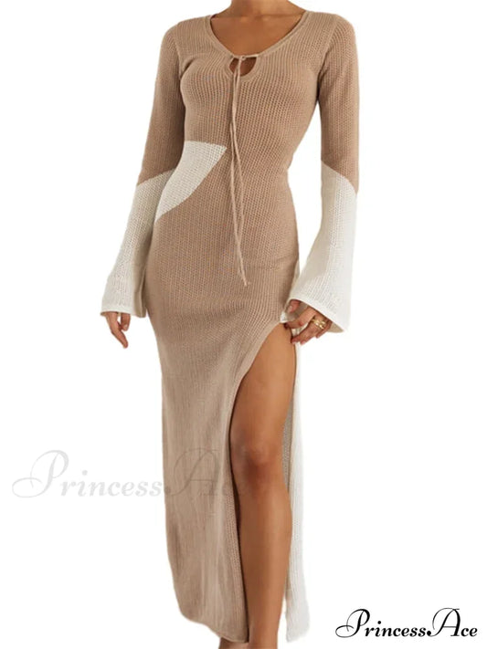 Women Knitted Contrast Color Tie-Up V-Neck Sleeve Side High Split Slim Fall Spring Vestido