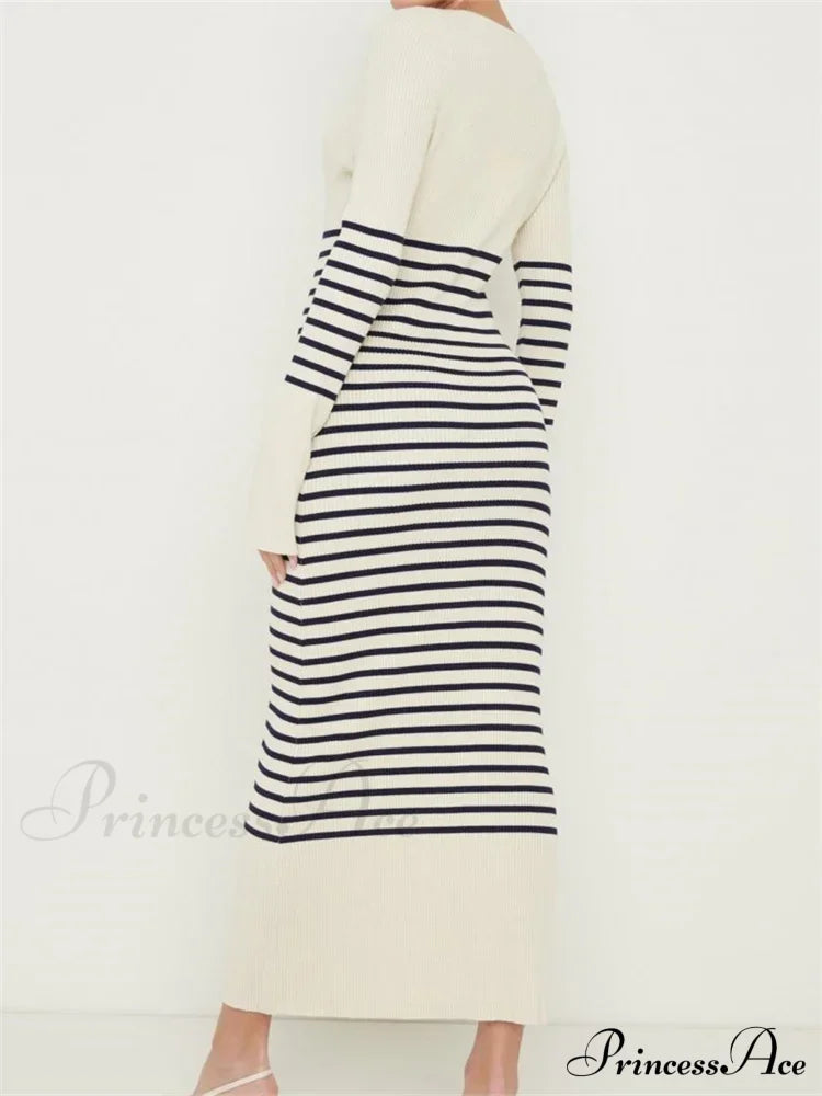 Women Knitted Sleeve Deep V Neck Striped Slim Fit Spring Autumn Female Vestidos Streetwear