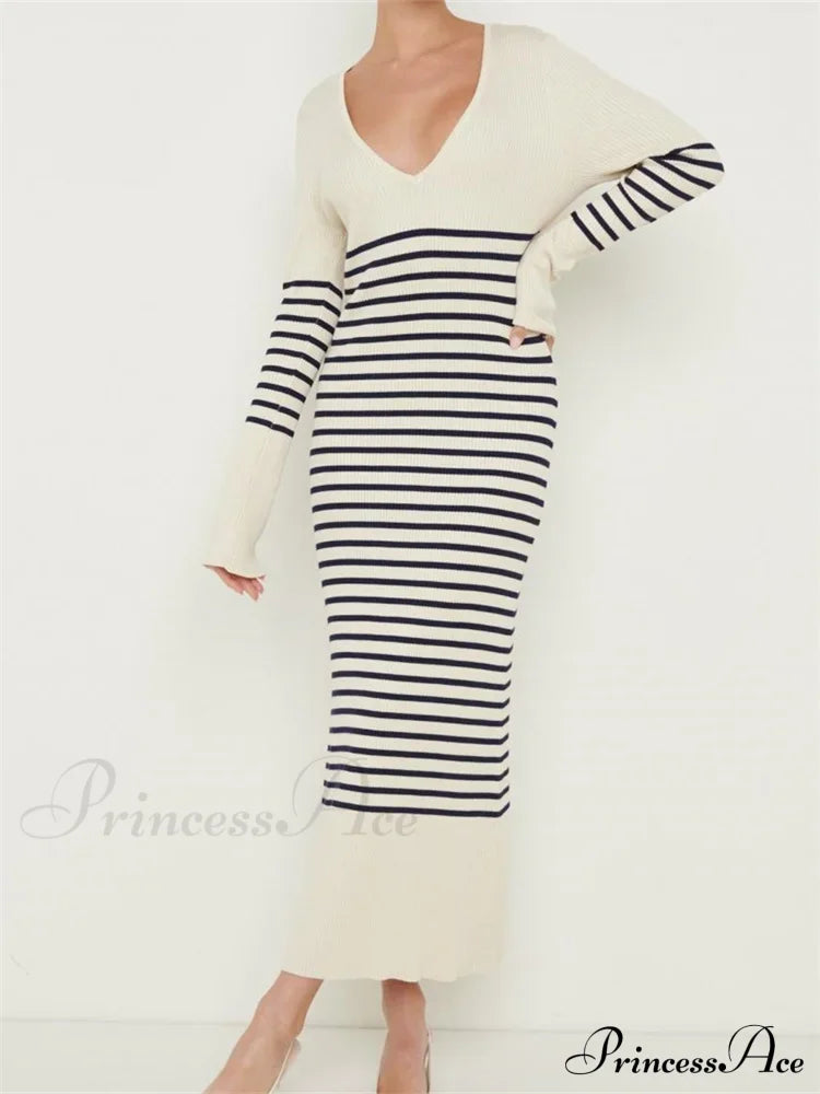 Women Knitted Sleeve Deep V Neck Striped Slim Fit Spring Autumn Female Vestidos Streetwear