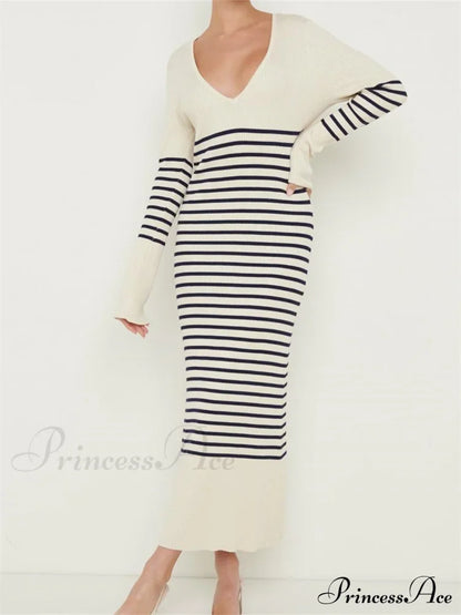 Women Knitted Sleeve Deep V Neck Striped Slim Fit Spring Autumn Female Vestidos Streetwear