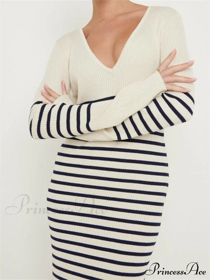 Women Knitted Sleeve Deep V Neck Striped Slim Fit Spring Autumn Female Vestidos Streetwear