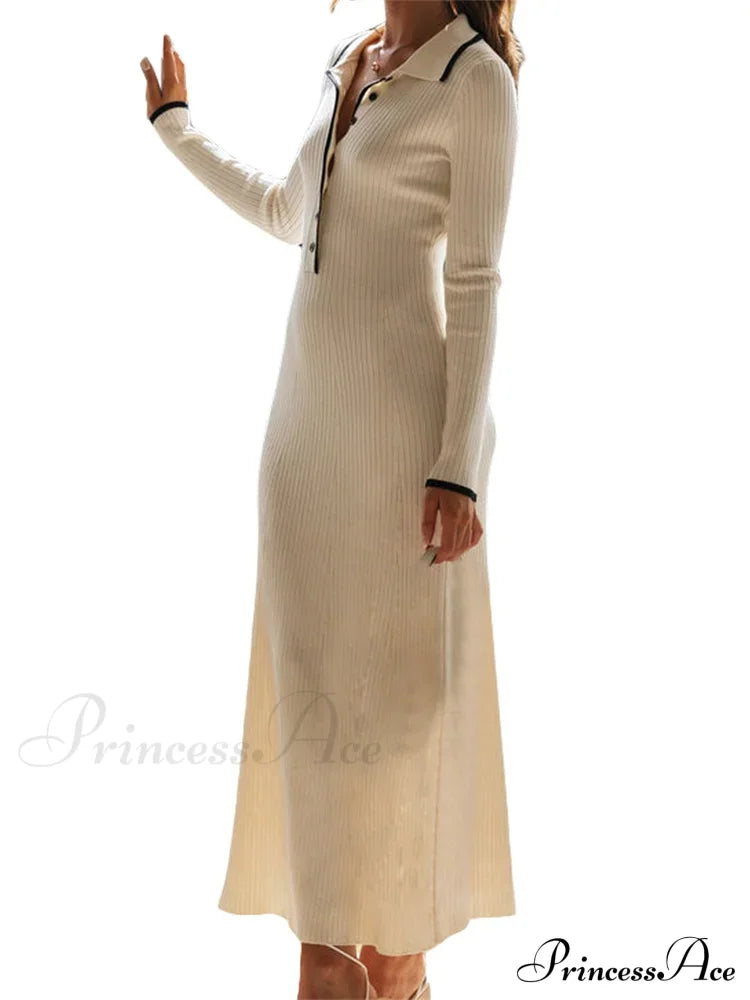 Women Knitted Sleeve Turn-Down Neck Buttons Up Ribbed Party Slim Fit Fall Female Vestidos