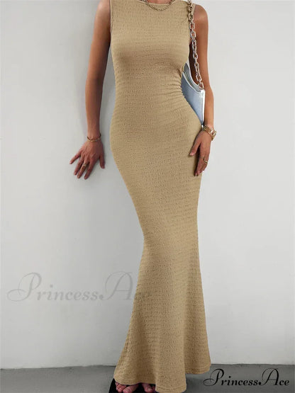 Women Knitted Sleeveless Round Neck Solid Color Slim Fit Ruched Tank Cocktail Party Female Vestidos