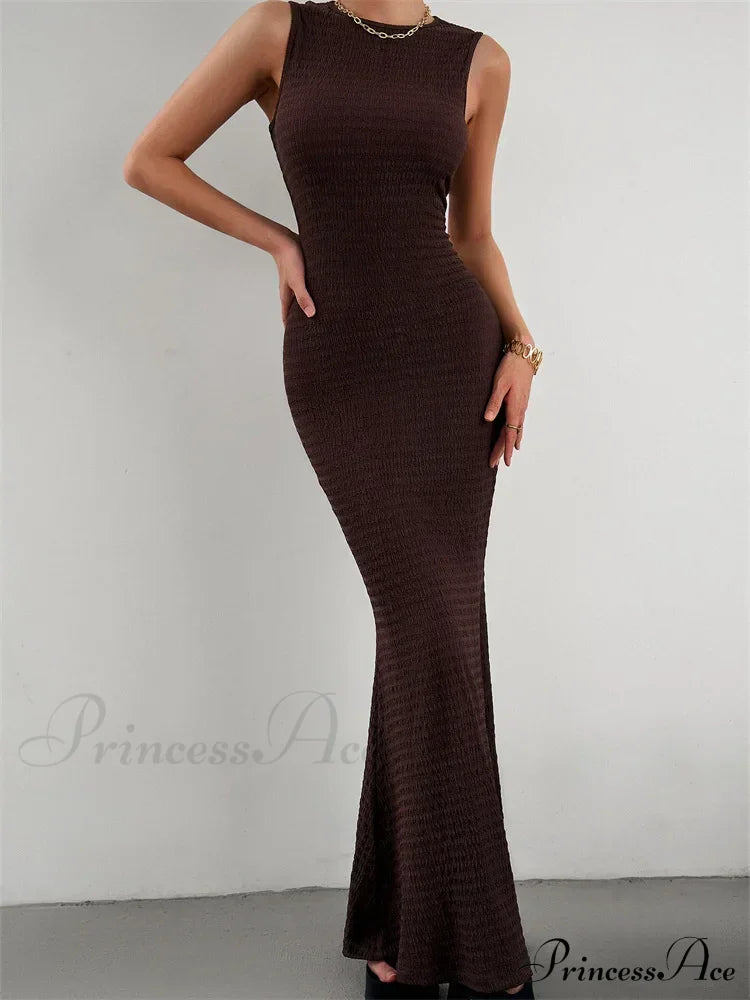 Women Knitted Sleeveless Round Neck Solid Color Slim Fit Ruched Tank Cocktail Party Female Vestidos