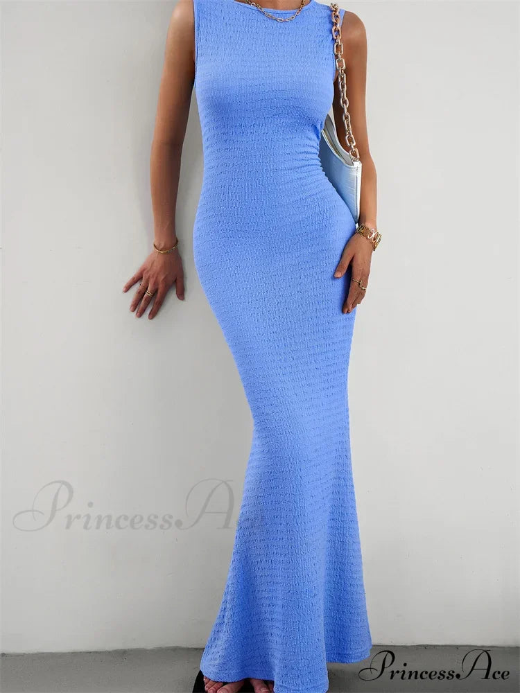 Women Knitted Sleeveless Round Neck Solid Color Slim Fit Ruched Tank Cocktail Party Female Vestidos