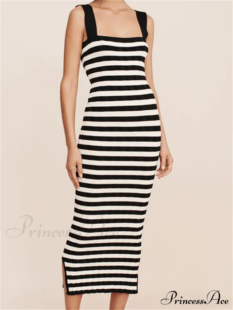 Women Knitted Sleeveless Square Neck Striped Print Beach Tank Side Split Summer Female Vestidos