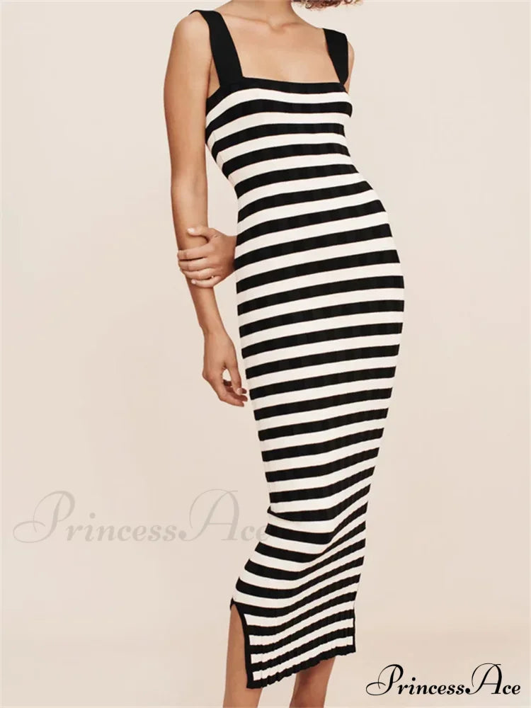 Women Knitted Sleeveless Square Neck Striped Print Beach Tank Side Split Summer Female Vestidos