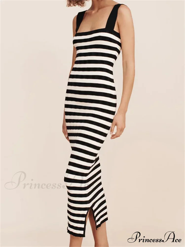 Women Knitted Sleeveless Square Neck Striped Print Beach Tank Side Split Summer Female Vestidos