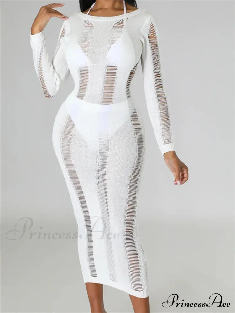 Women Knitted Spring Fall Backless Sleeve O-Neck Cutout Casual Party Female Vestidos Clubwear White