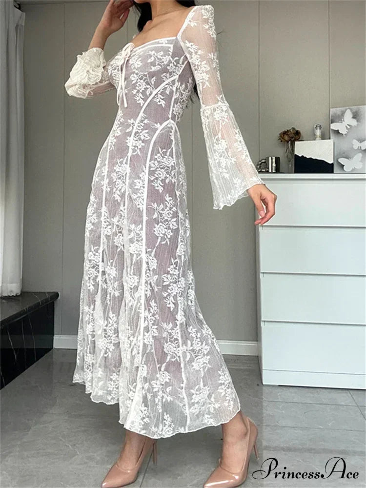 Women Lace Flower Flare Sleeve Square Neck Tie-Up Spring Fall Solid Party Female Vestidos