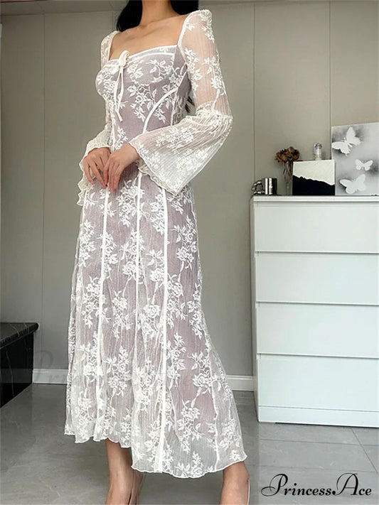 Women Lace Flower Flare Sleeve Square Neck Tie-Up Spring Fall Solid Party Female Vestidos White / S