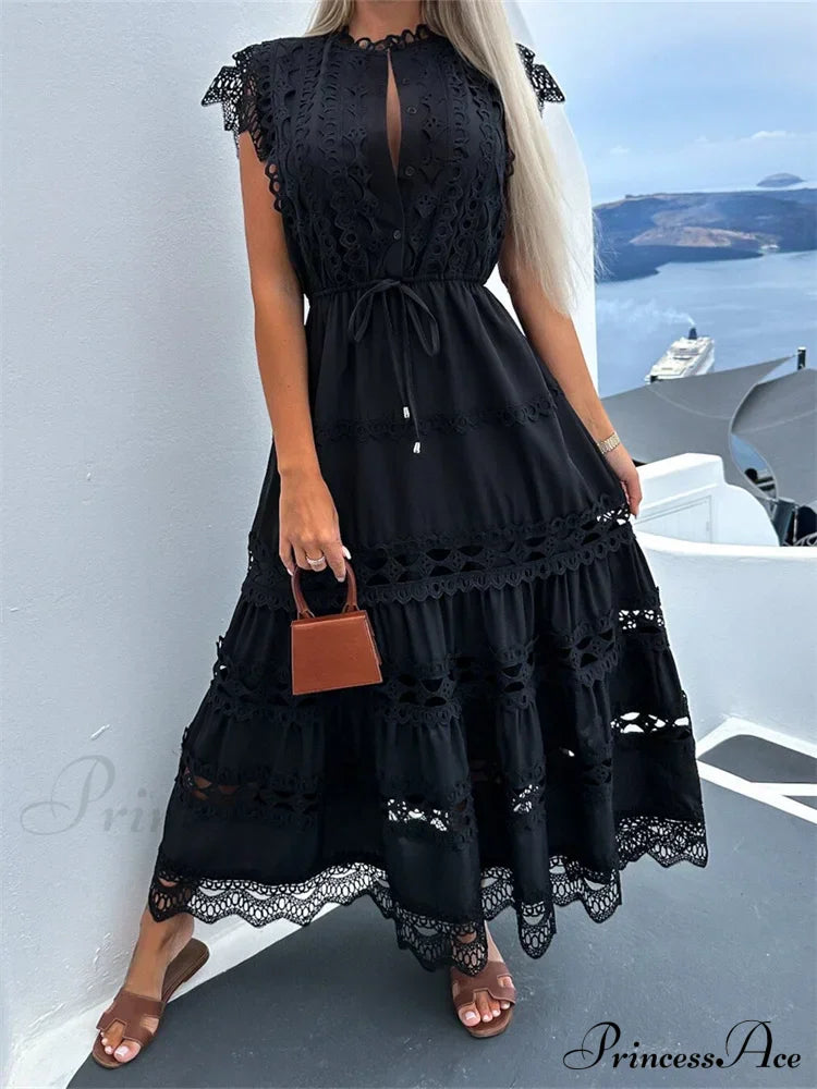 Women Lace Hollow Out Sleeve Front Buttons Up V-Neck Patchwork Loose Party Female Vestidos Black / S