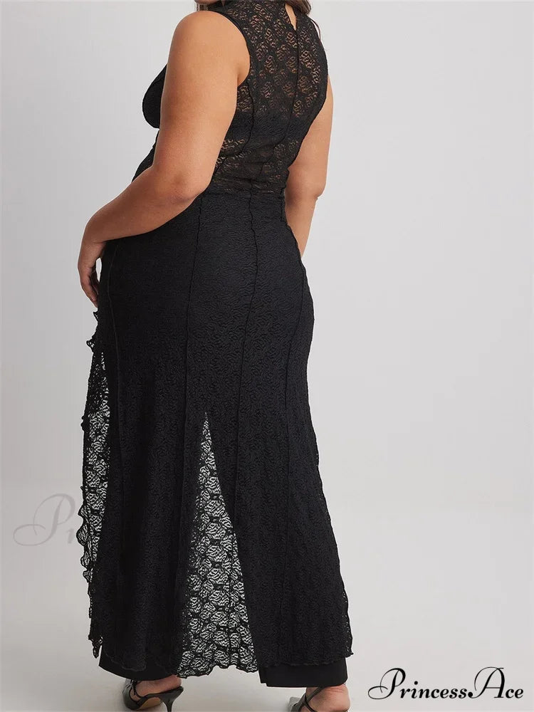 Women Lace See Through Vintage Sleeveless Round Neck Solid Ruffles High Split Female Vestidos