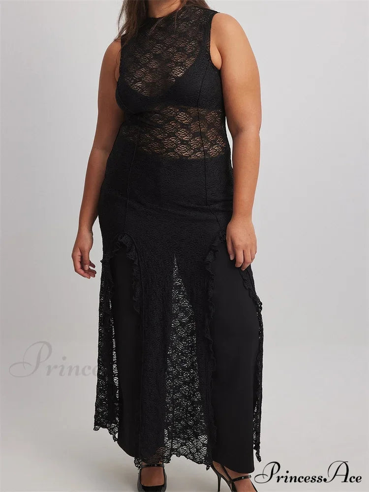 Women Lace See Through Vintage Sleeveless Round Neck Solid Ruffles High Split Female Vestidos Black