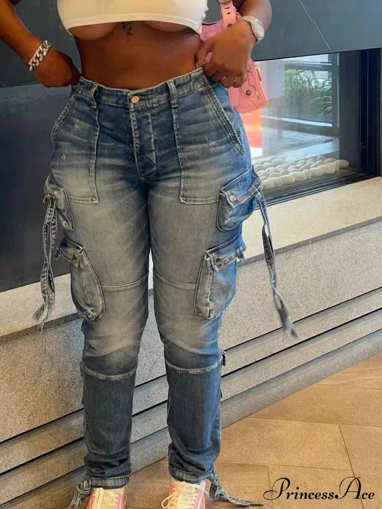 Women Long Cargo Pant Slim Fit Regular Y2K Casual Low Waist Splice Denim Trousers Zipper Summer