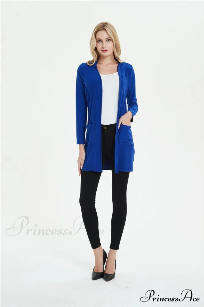 Women Long Sleeve Elegant Pocket Knitted Outerwear Sweater Blue / S