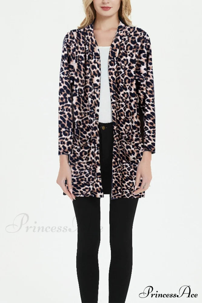 Women Long Sleeve Elegant Pocket Knitted Outerwear Sweater Leopard / S