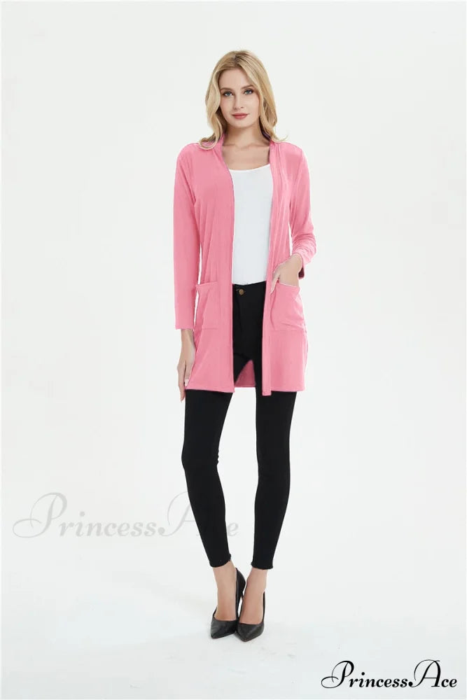 Women Long Sleeve Elegant Pocket Knitted Outerwear Sweater Pink / S