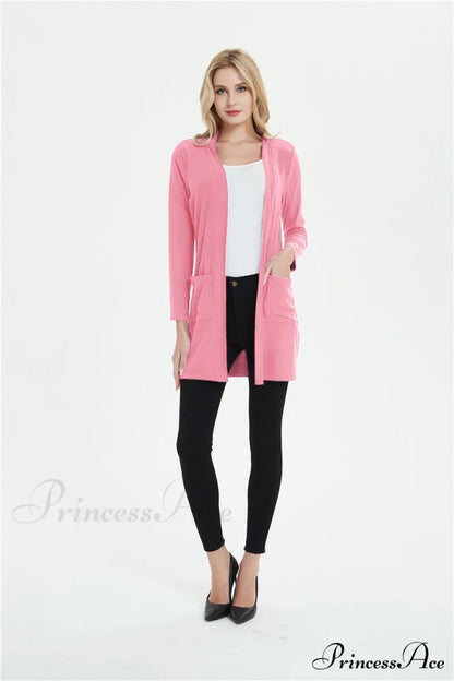 Women Long Sleeve Elegant Pocket Knitted Outerwear Sweater Pink / S