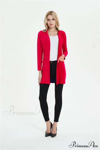 Women Long Sleeve Elegant Pocket Knitted Outerwear Sweater Red / S