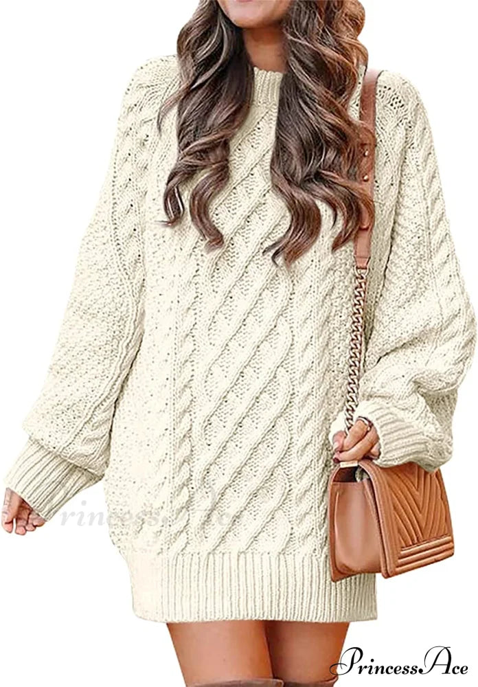 Women Long Sleeve Oversized Cable Knit Sweater Dress Beige / Large Sweaters-L