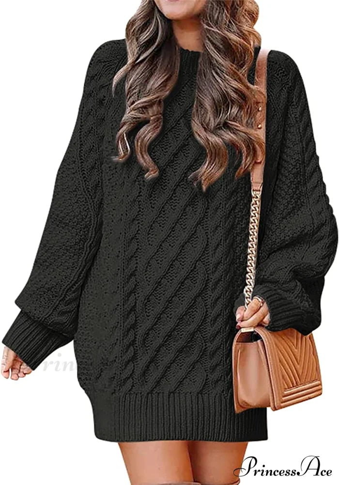 Women Long Sleeve Oversized Cable Knit Sweater Dress Black / Medium Sweaters-L