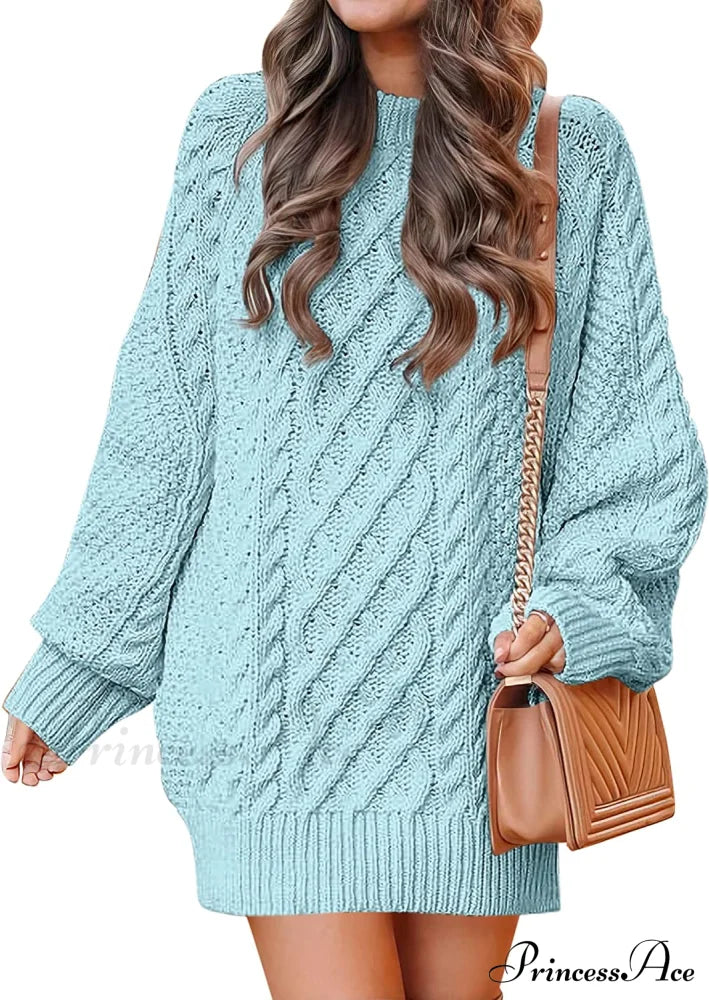 Women Long Sleeve Oversized Cable Knit Sweater Dress Blue / X-Large Sweaters-L