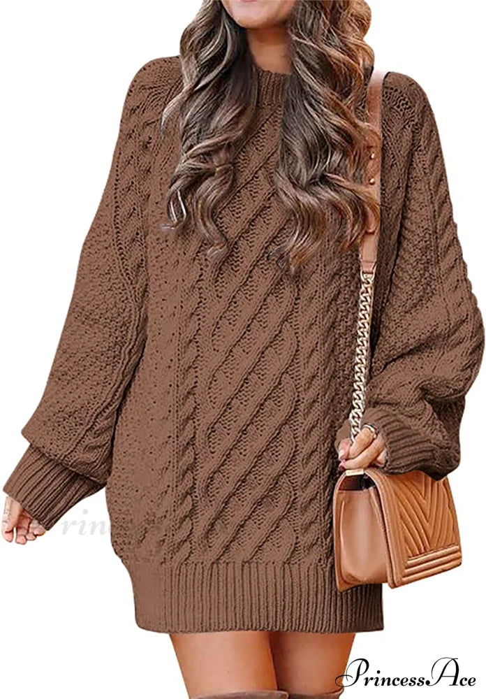 Women Long Sleeve Oversized Cable Knit Sweater Dress Brown / X-Large Sweaters-L