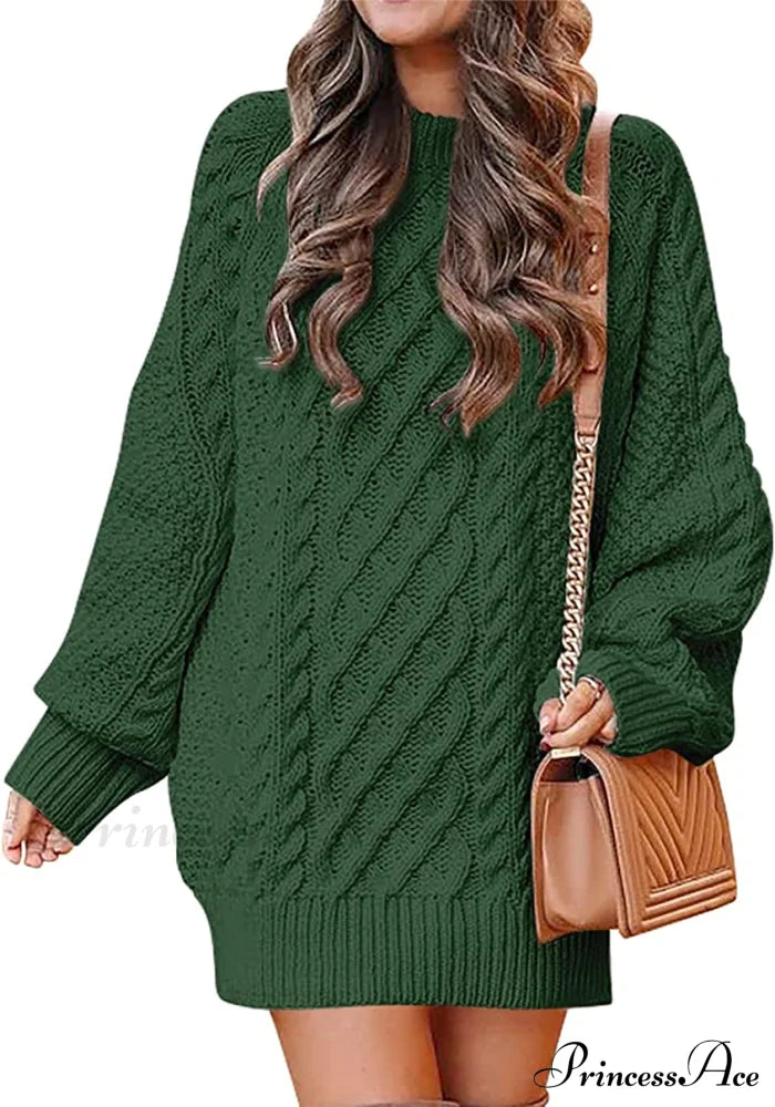 Women Long Sleeve Oversized Cable Knit Sweater Dress Green / X-Large Sweaters-L