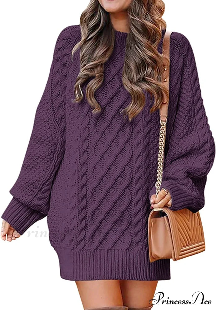 Women Long Sleeve Oversized Cable Knit Sweater Dress Purple / Large Sweaters-L