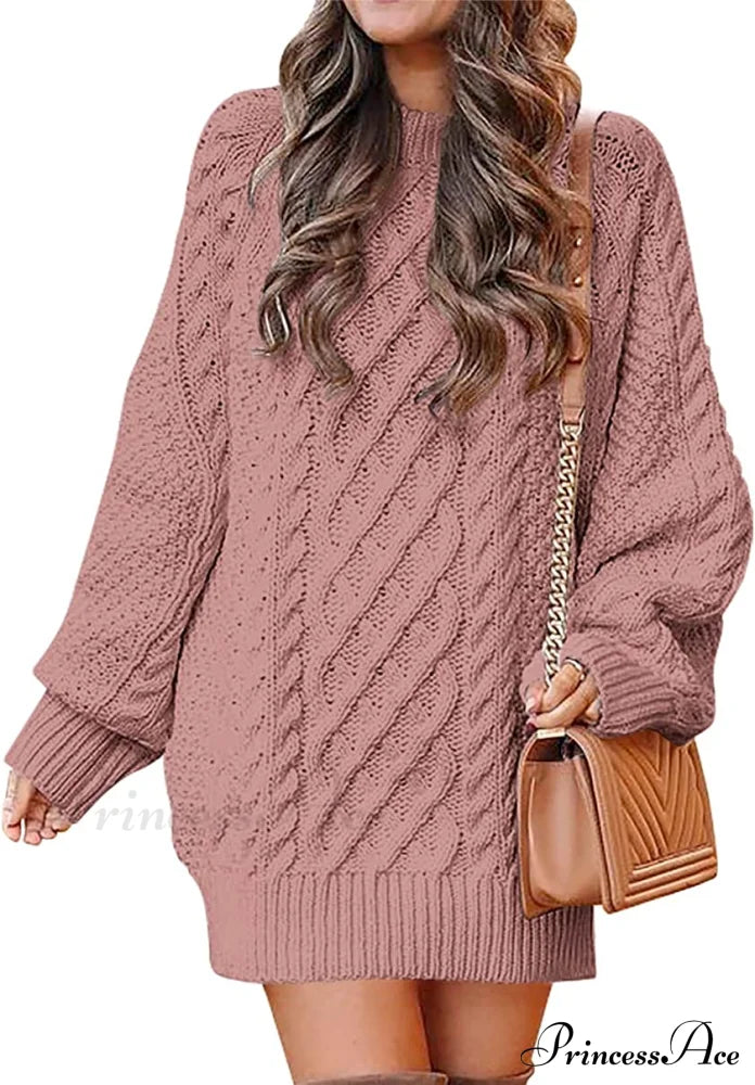 Women Long Sleeve Oversized Cable Knit Sweater Dress Red / X-Large Sweaters-L