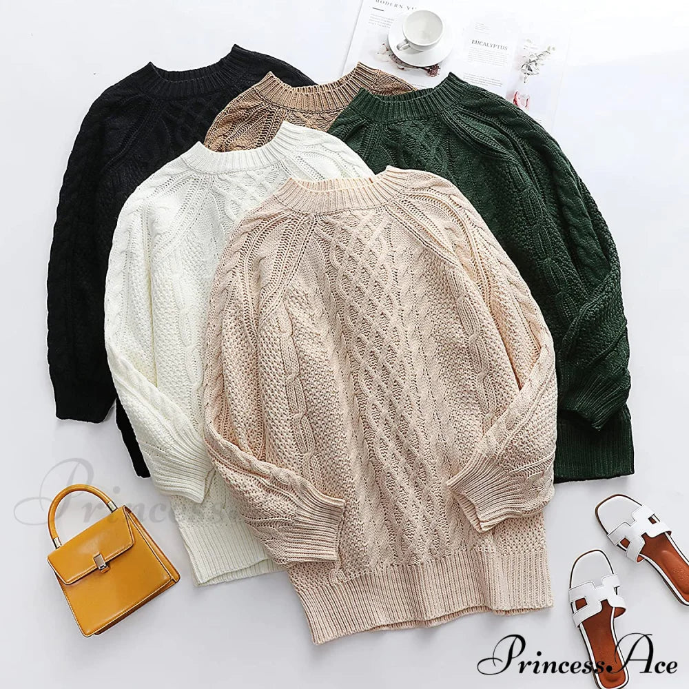 Women Long Sleeve Oversized Cable Knit Sweater Dress Sweaters-L