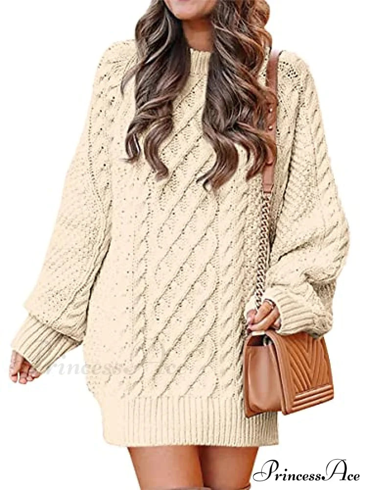 Women Long Sleeve Oversized Cable Knit Sweater Dress Sweaters-L