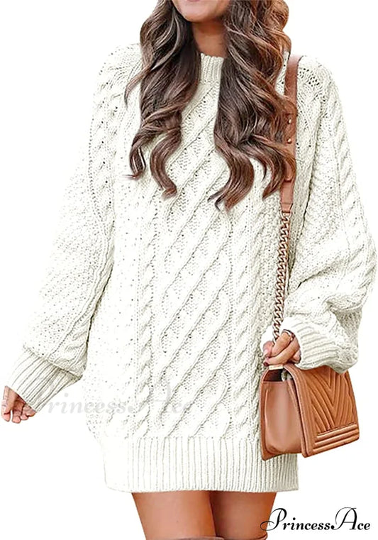 Women Long Sleeve Oversized Cable Knit Sweater Dress White / X-Large Sweaters-L