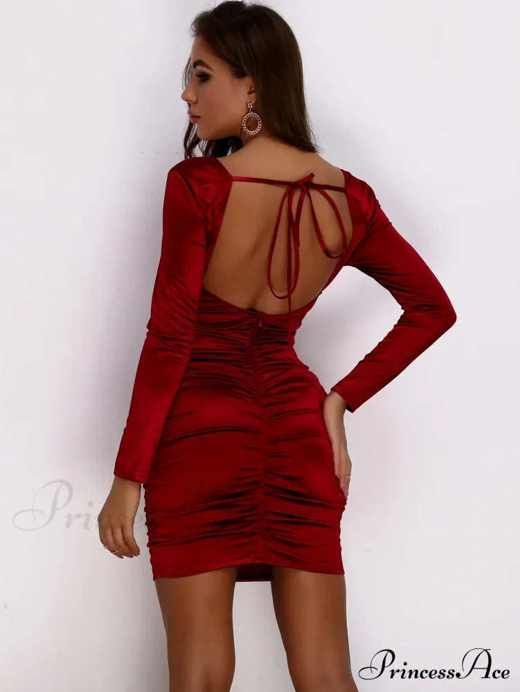 Women Long Sleeve Square Neck Bodycon Mini Dress Claret / Xs