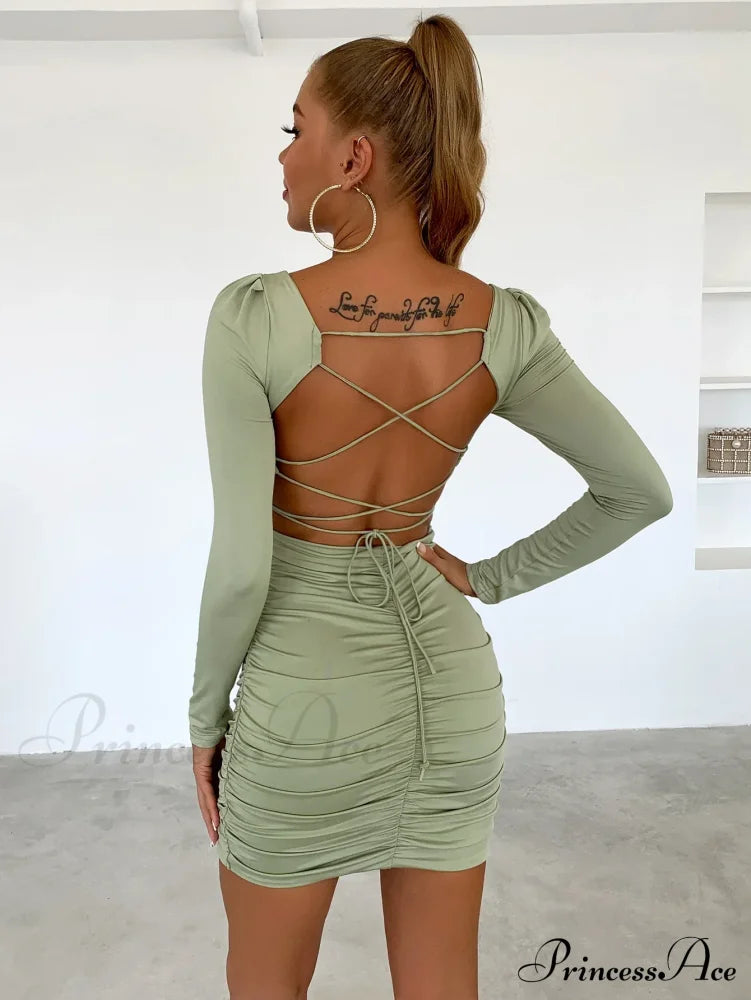 Women Long Sleeve Square Neck Bodycon Mini Dress Light Green / Xs