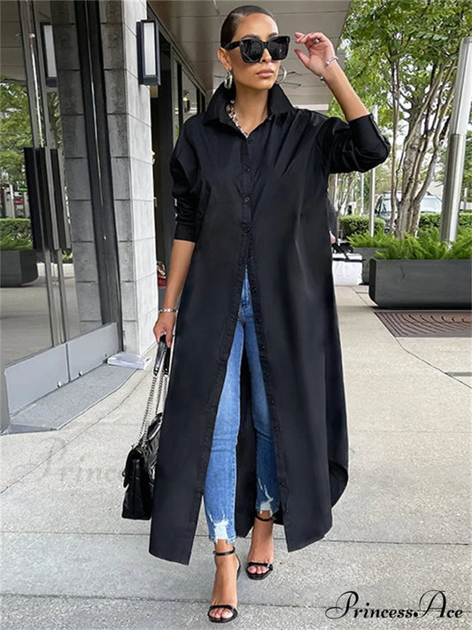 Women Loose Casual Kaftan Shirts Solid Sleeve Lapel Single-Breasted Female Vestidos Black / S