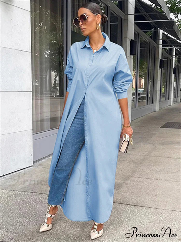 Women Loose Casual Kaftan Shirts Solid Sleeve Lapel Single-Breasted Female Vestidos Blue / S