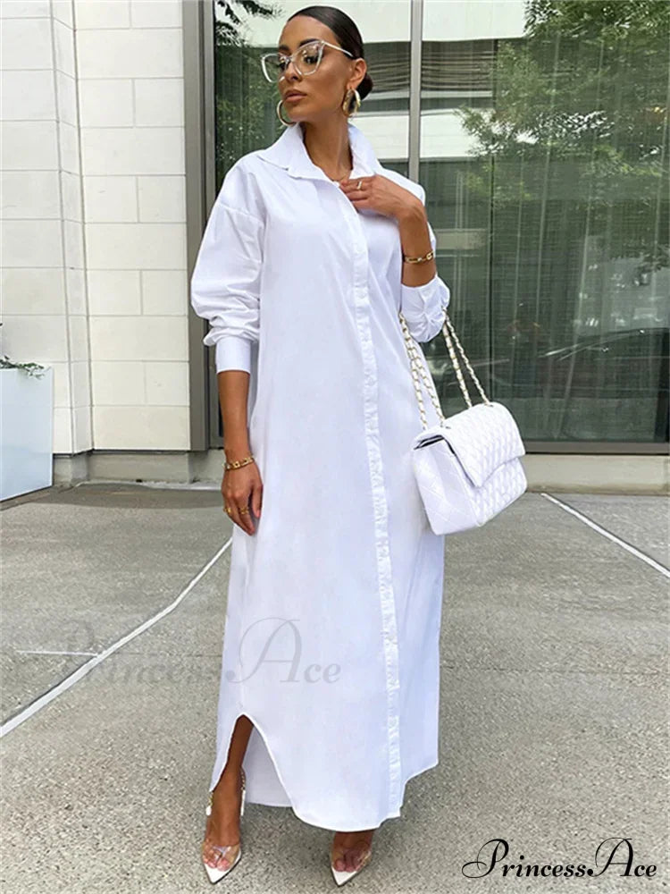 Women Loose Casual Kaftan Shirts Solid Sleeve Lapel Single-Breasted Female Vestidos White / S