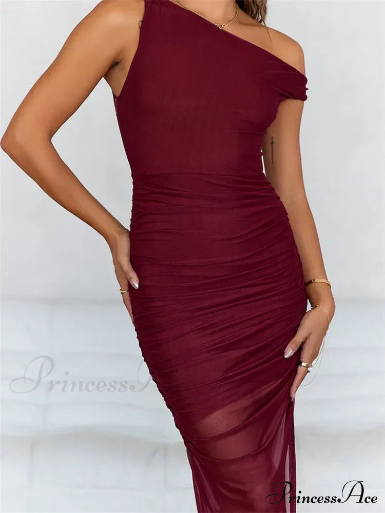 Women Mesh Off Shoulder Solid Color Asymmetrical Hem Sleeveless Ruched Bodycon Party Female Vestidos