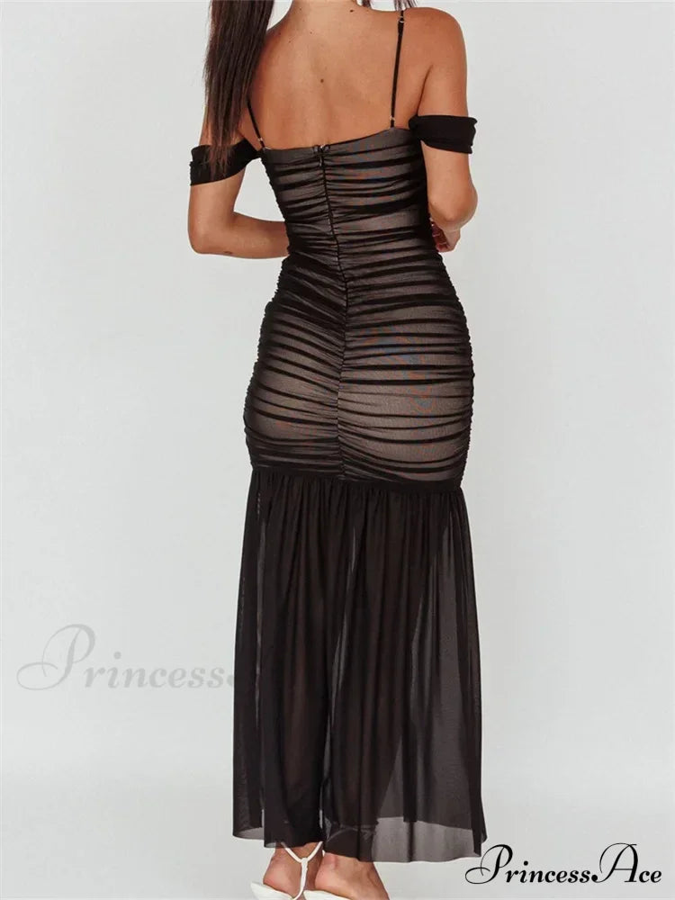 Women Mesh Sheer See Through Low Cut Off Shoulder Strap Backless Ruched Summer Party Vestidos