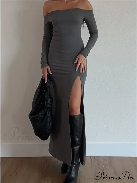 Women Off-Shoulder Solid Color Sleeve Side High Split Slim Fit Party Spring Fall Vestidos Gray / S